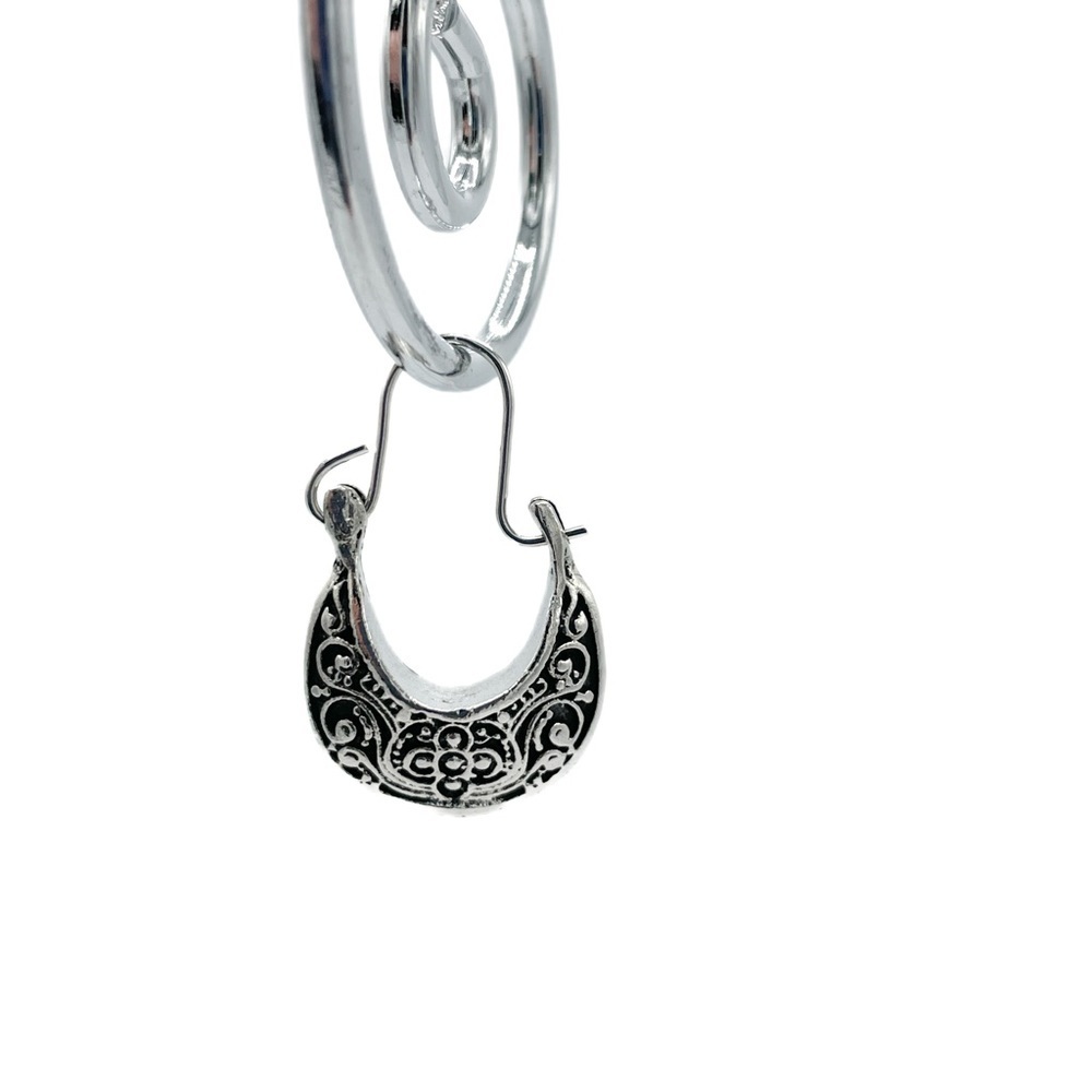 Boho festival vintage style silver tone filigree hoops - Picture 3 of 6